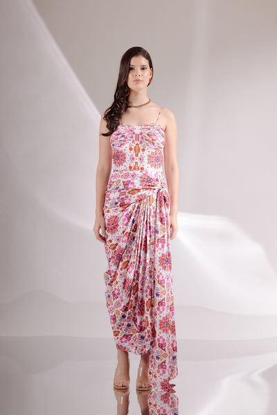 White Kashan Print Banana Silk Spaghetti Draped Dress