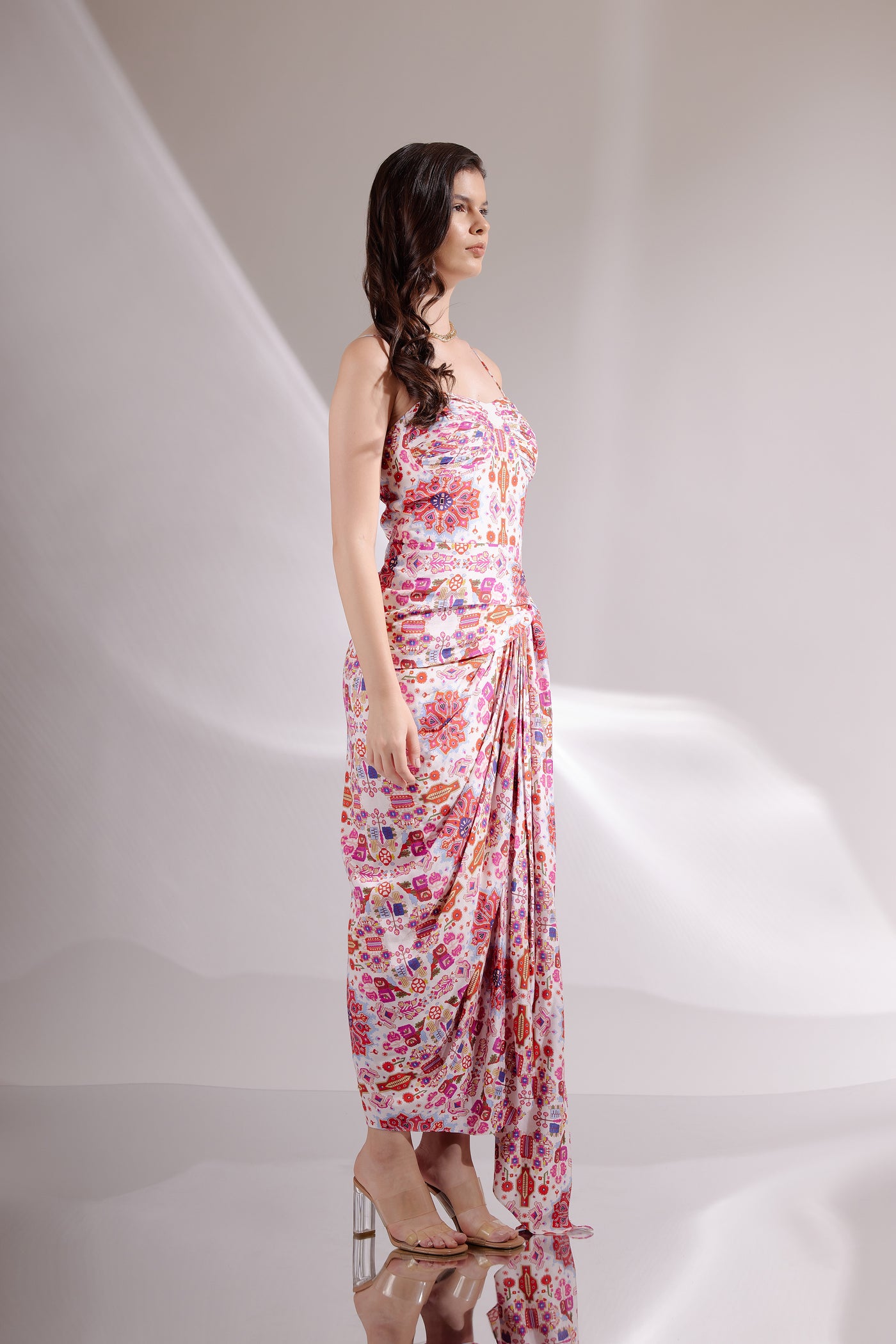 White Kashan Print Banana Silk Spaghetti Draped Dress