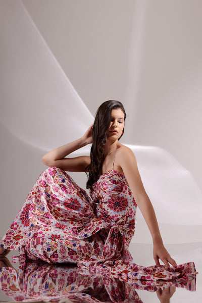 White Kashan Print Banana Silk Spaghetti Draped Dress