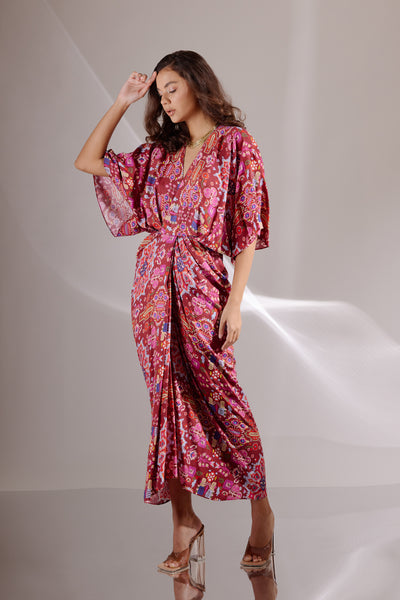 Red Kashan Print Silk Drape Dress