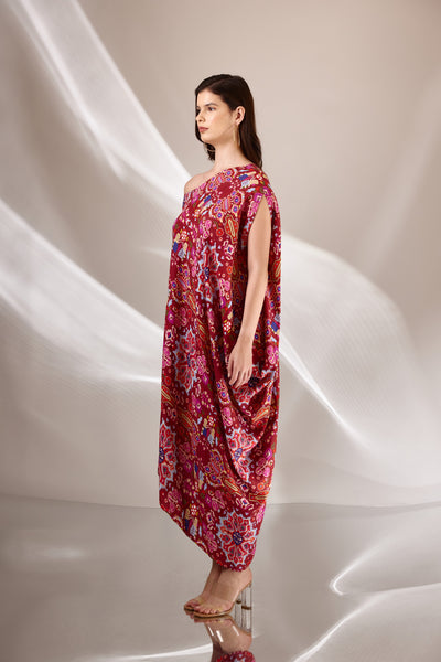 Red Kashan Print Drape Off Shoulder Cowl Dress