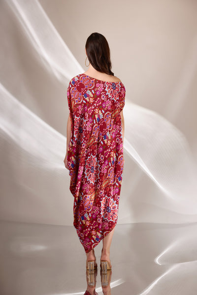 Red Kashan Print Drape Off Shoulder Cowl Dress