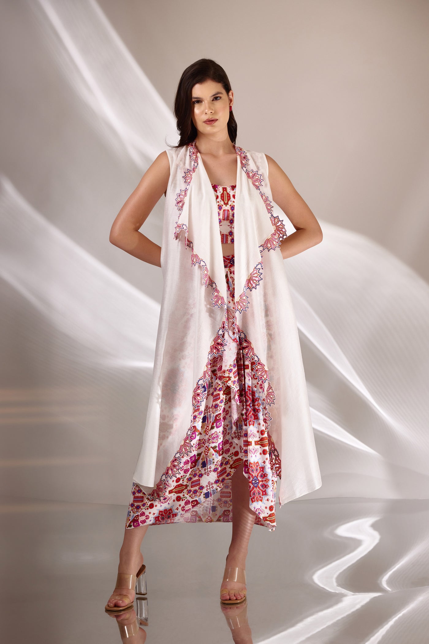 White Chanderi Silk Long Embroidered Skirt And Cape