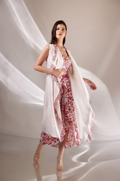 White Chanderi Silk Long Embroidered Skirt And Cape