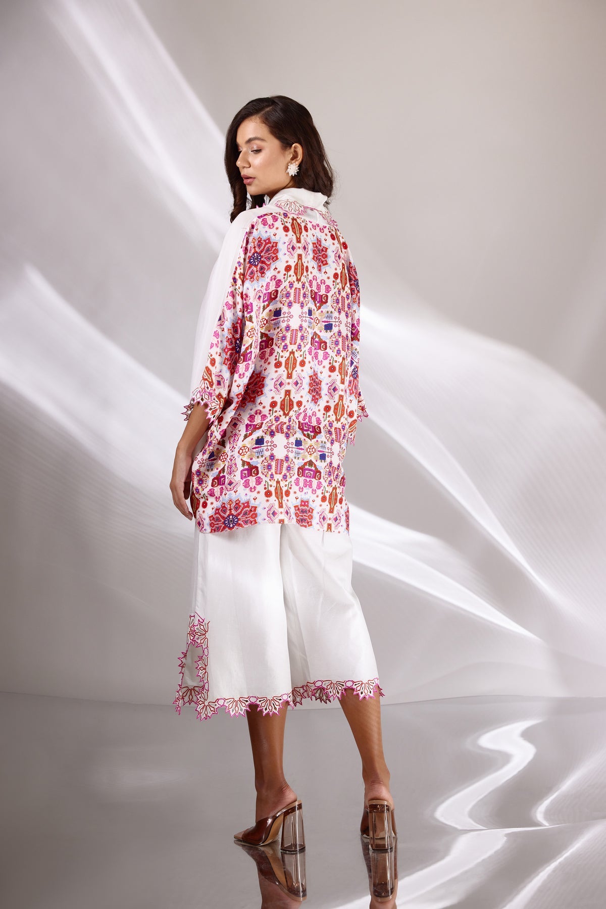 White Chanderi Silk Embroidered  Short Cape & Culottes Set