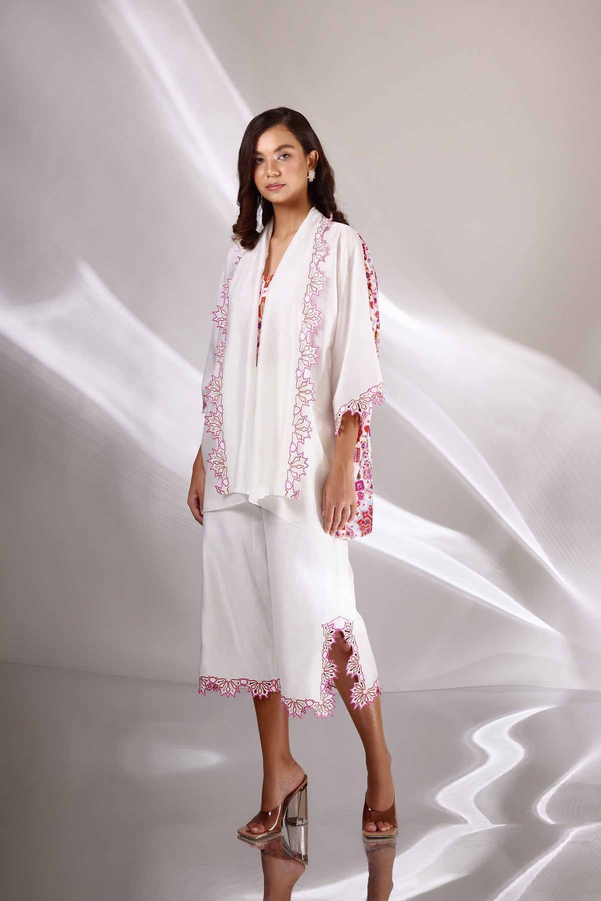 White Chanderi Silk Embroidered  Short Cape & Culottes Set