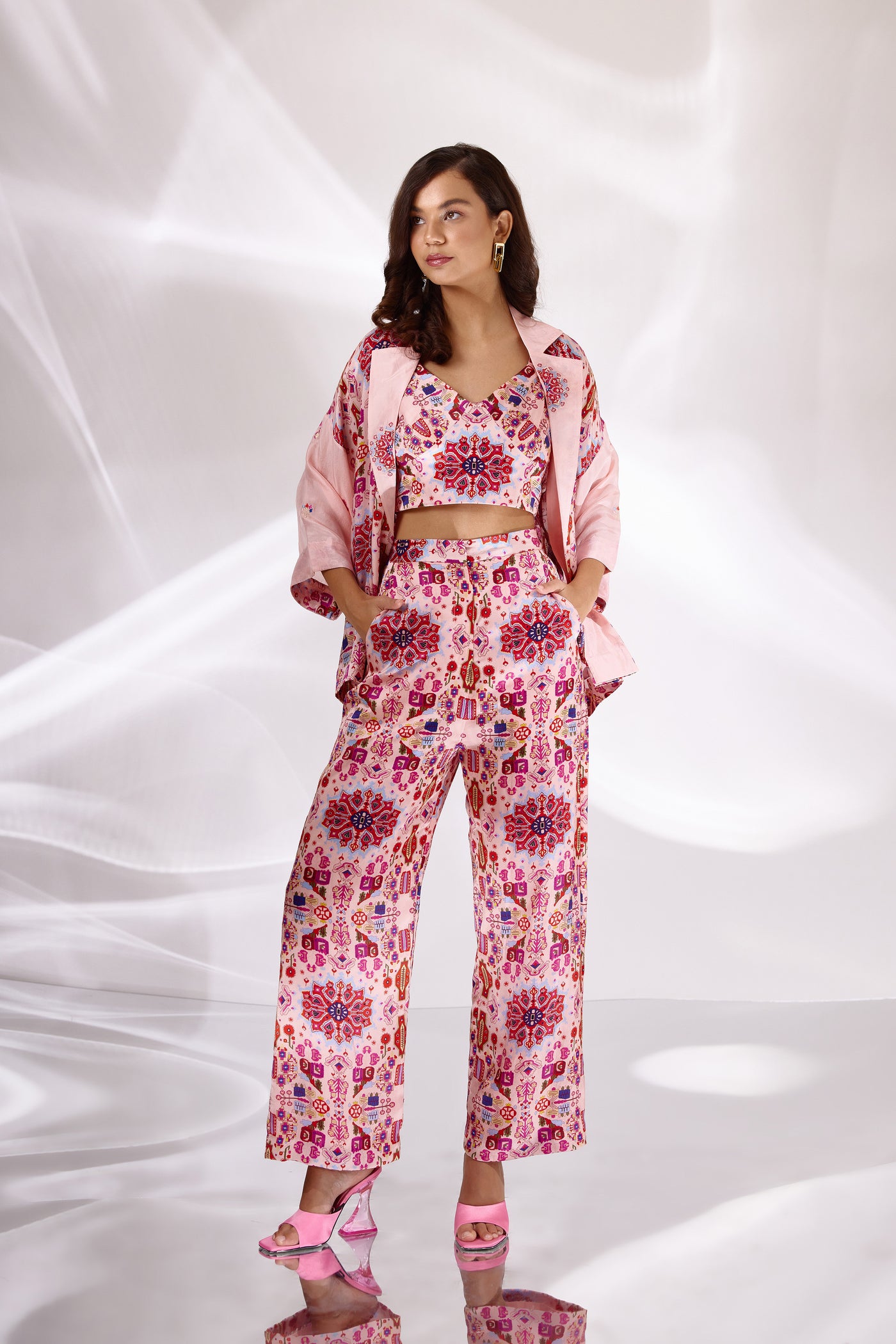 Pink Kashan Print Silk Jacket, Bustier & Pants Set