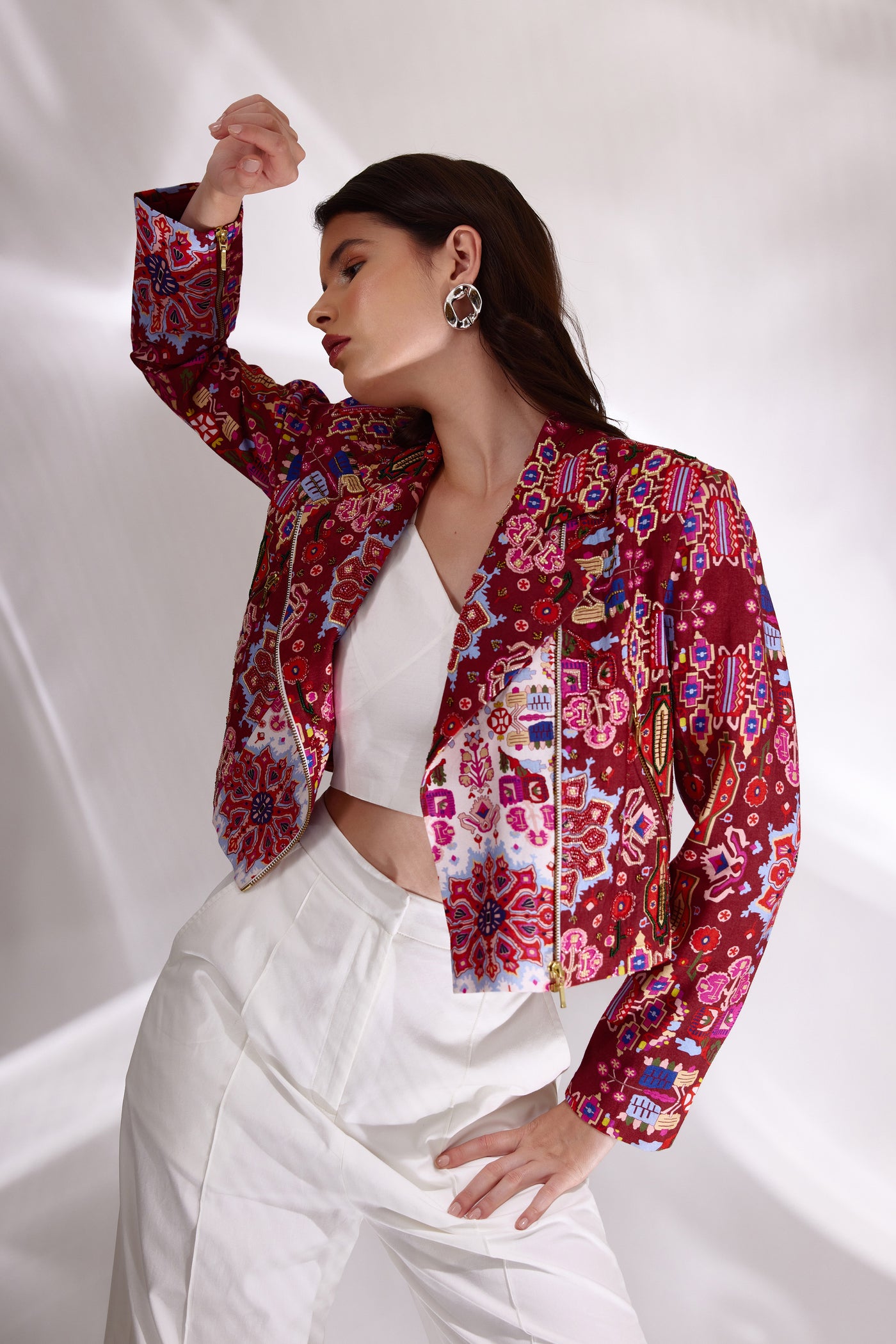 Kashan White And Red Print Hand Embroidered Biker Jacket In  Handloom Organic Cotton And Banana Silk, BeTrue, Be True