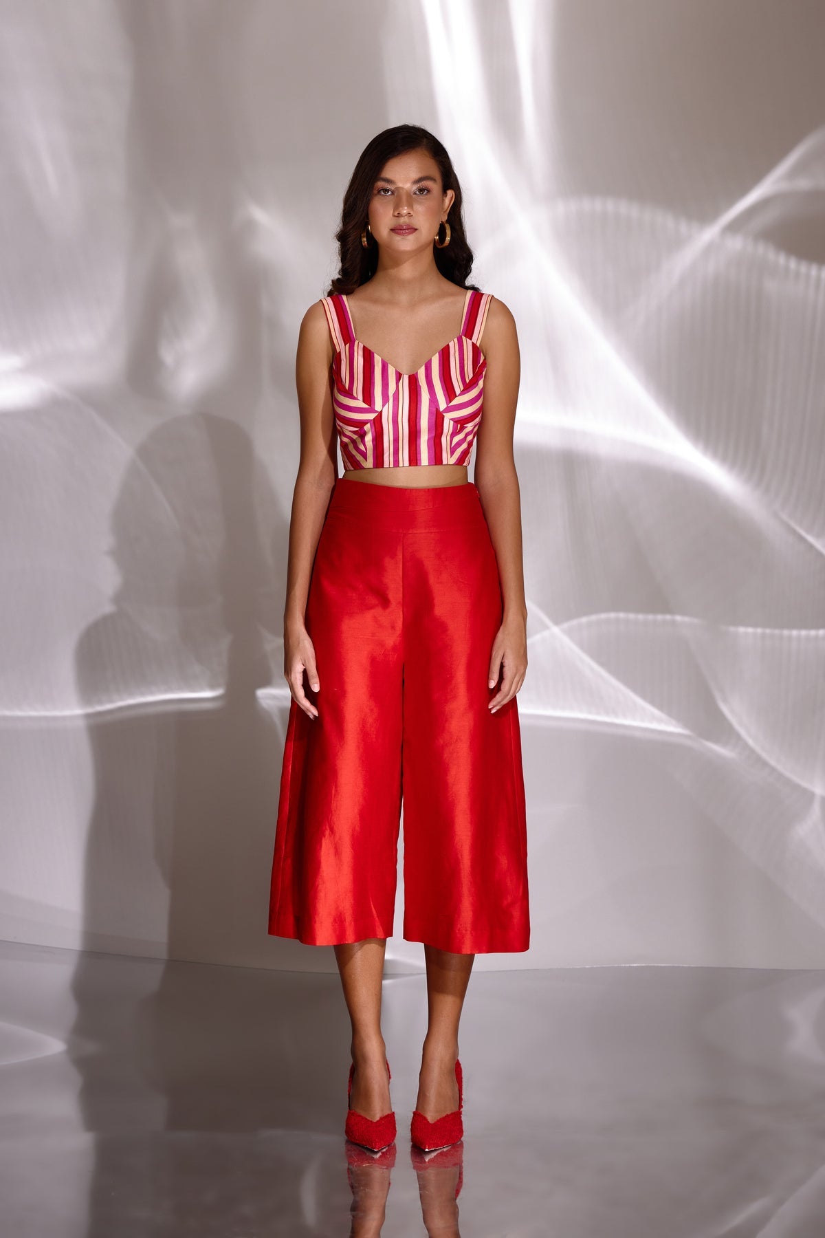 Red Chanderi Silk Embroidered Shacket And Culottes Set With Bustier