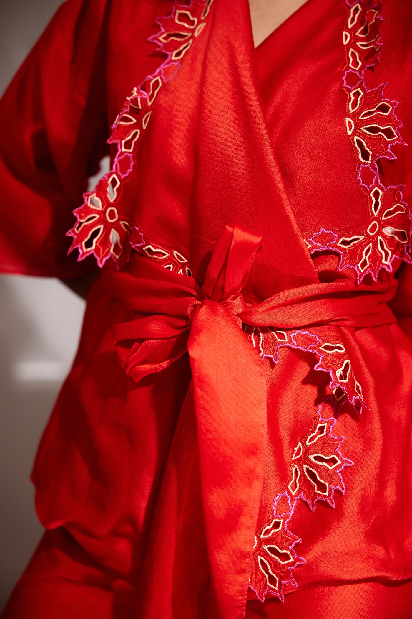 Red Chanderi Silk Embroidered Shacket And Culottes Set With Bustier