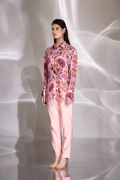 Pink Kashan Print Silk Drape Shirt