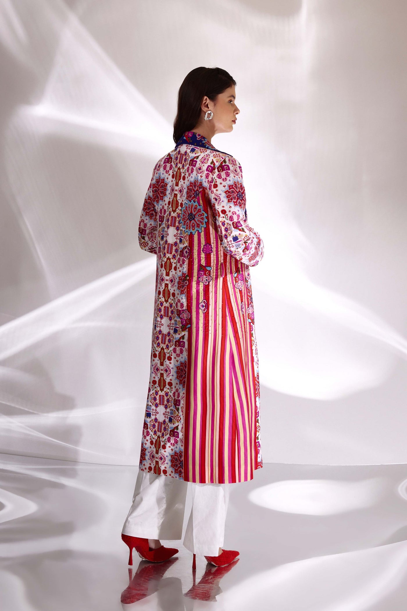 Mix Print Hand Embroidered Long Trench in Handloom Organic Cotton and Banana Silk, BeTrue, Be True