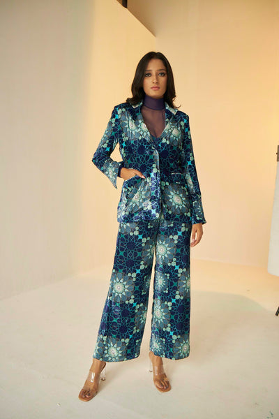 Blue- Tashkent Velvet Jacket And Pants Set With Bustier And Net Top, BeTrue, Be True