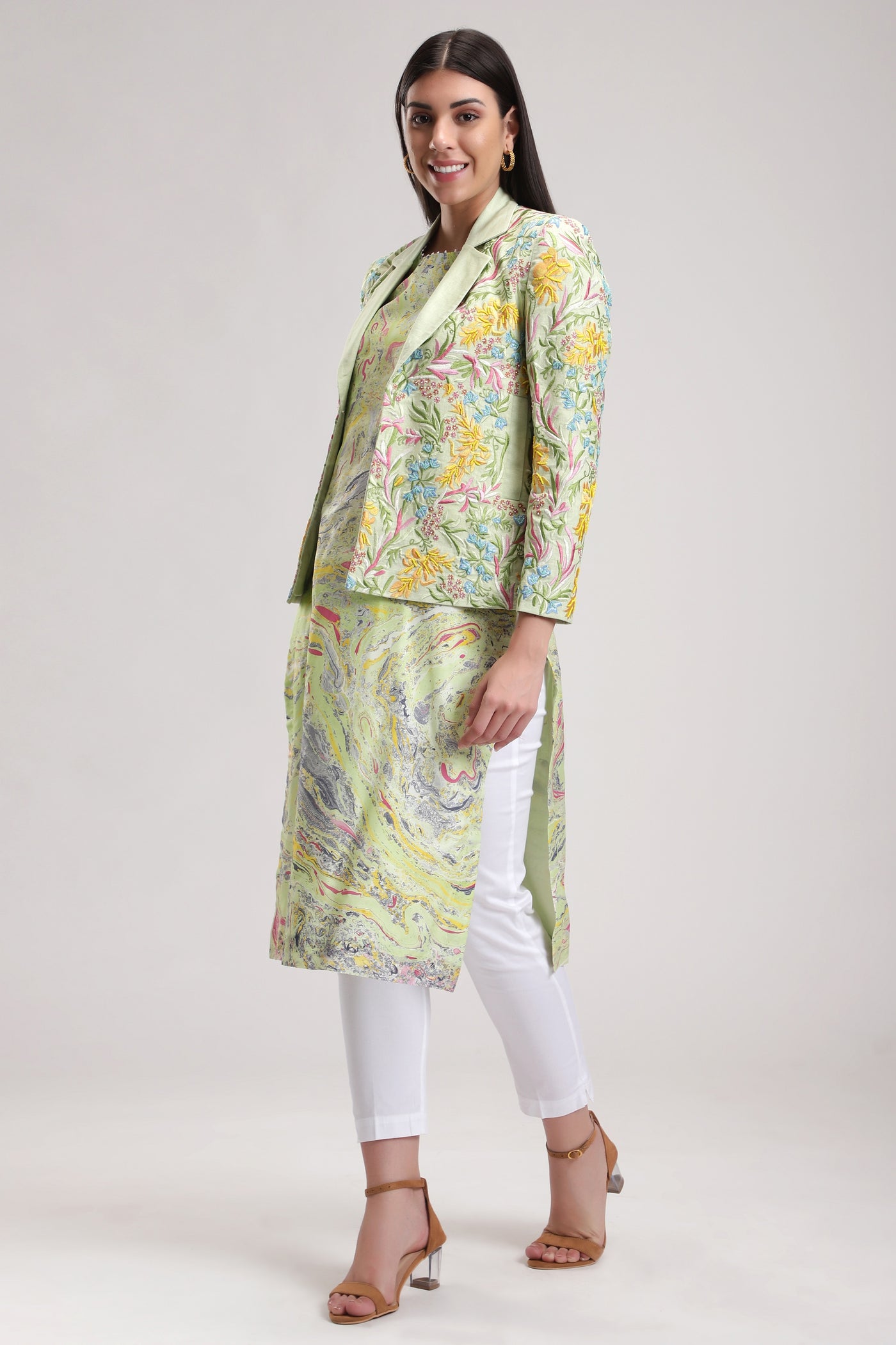 Green Signature Sky Marble Kurta, Marble fabric is hand crafted, silk organza dupatta, BeTrue, Be True