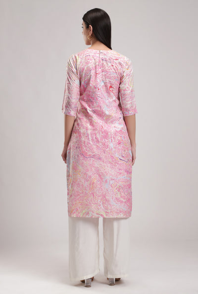 Pink Signature Sky Marble Kurta, Marble fabric is hand crafted, silk organza dupatta, BeTrue, Be True