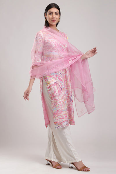 Pink Signature Sky Marble Kurta, Marble fabric is hand crafted, silk organza dupatta, BeTrue, Be True