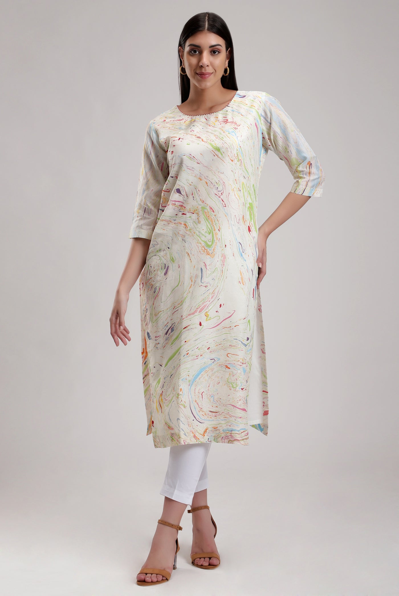 White Signature Sky Marble Kurta, Marble fabric is hand crafted, silk organza dupatta, BeTrue, Be True