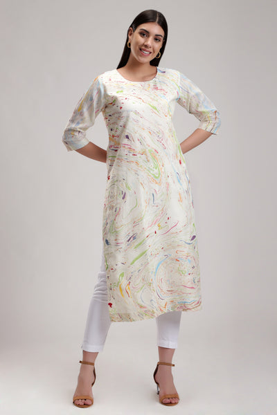 White Signature Sky Marble Kurta, Marble fabric is hand crafted, silk organza dupatta, BeTrue, Be True