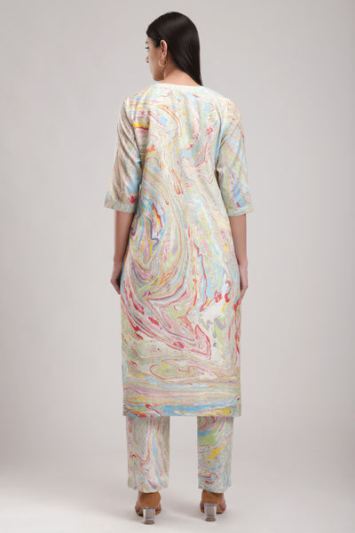 The White Inde Marble Tunic Set, This marbled kurta is a classic, 100% Silk Hand Embroidery, BeTrue, Be True