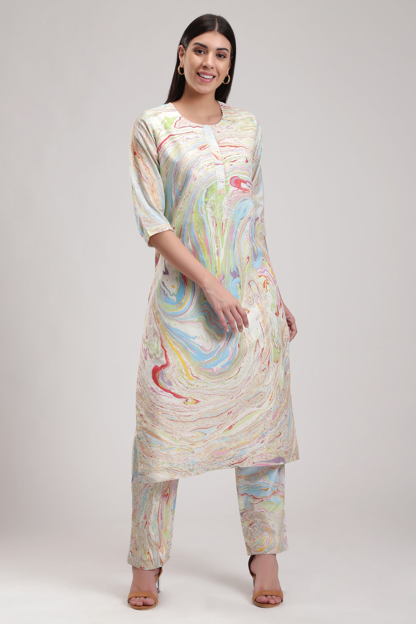 The White Inde Marble Tunic Set, This marbled kurta is a classic, 100% Silk Hand Embroidery, BeTrue, Be True