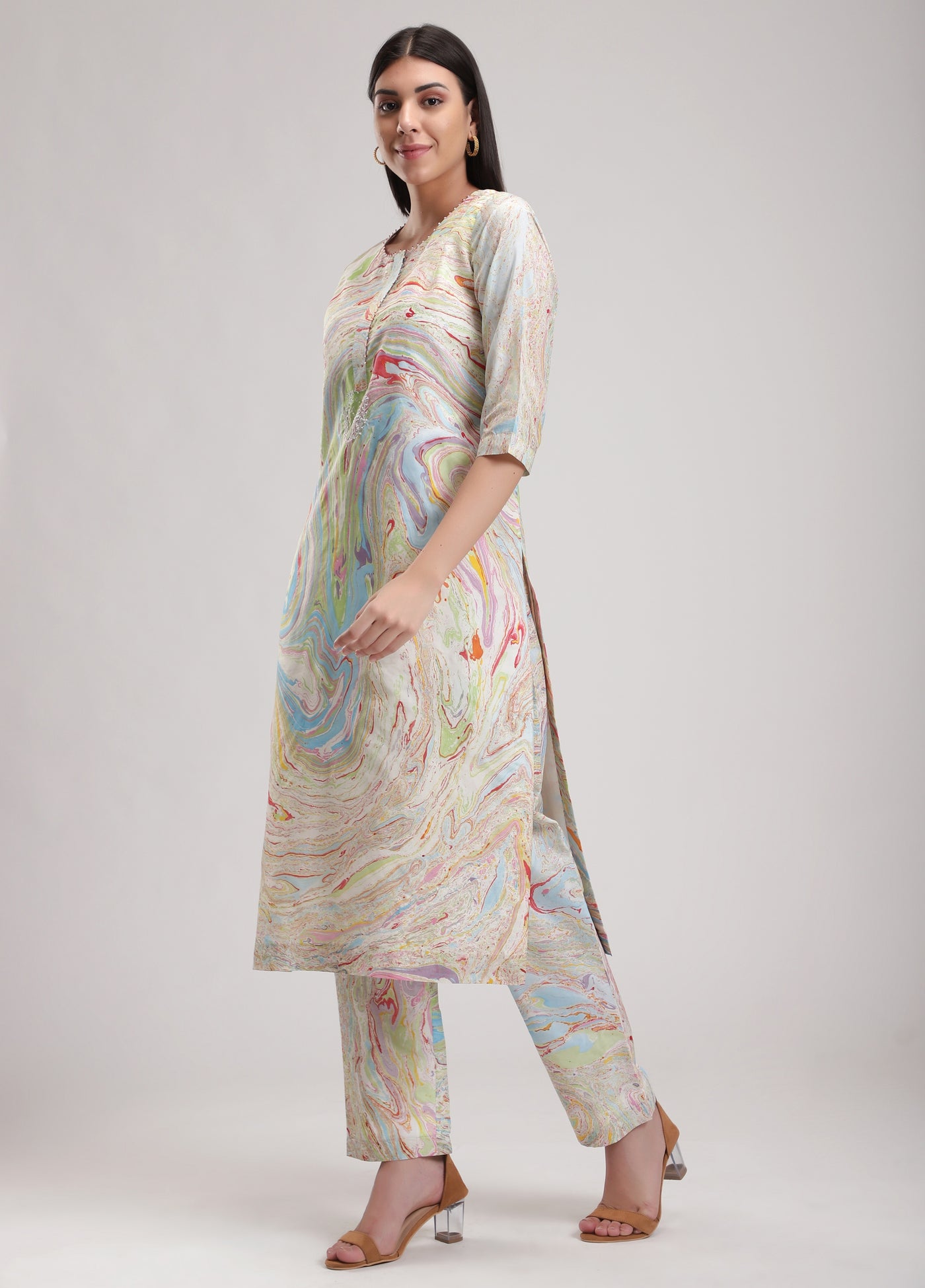 The White Inde Marble Tunic Set, This marbled kurta is a classic, 100% Silk Hand Embroidery, BeTrue, Be True