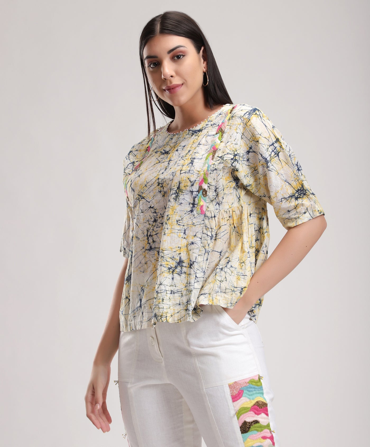 Yellow and Blue Aika Doll Top, The beautiful handcrafted batik print in pure cotton, BeTrue, Be True