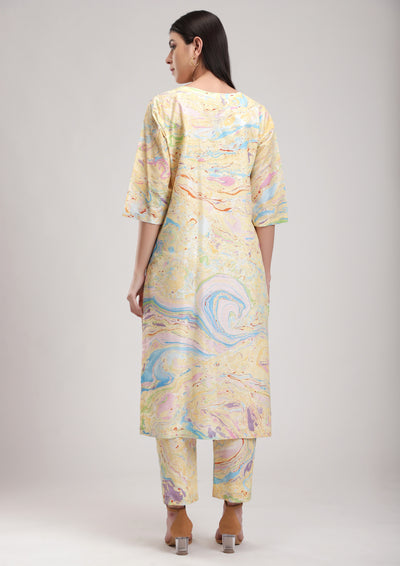 The Yellow Inde Marble Tunic Set, This marbled kurta is a classic, 100% Silk Hand Embroidery, BeTrue, Be True