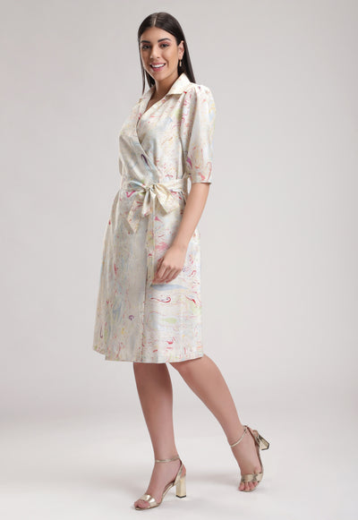 White Puff Sleeve Signature Marble Summer Shirt Dress, Marble print silk, BeTrue, Be True