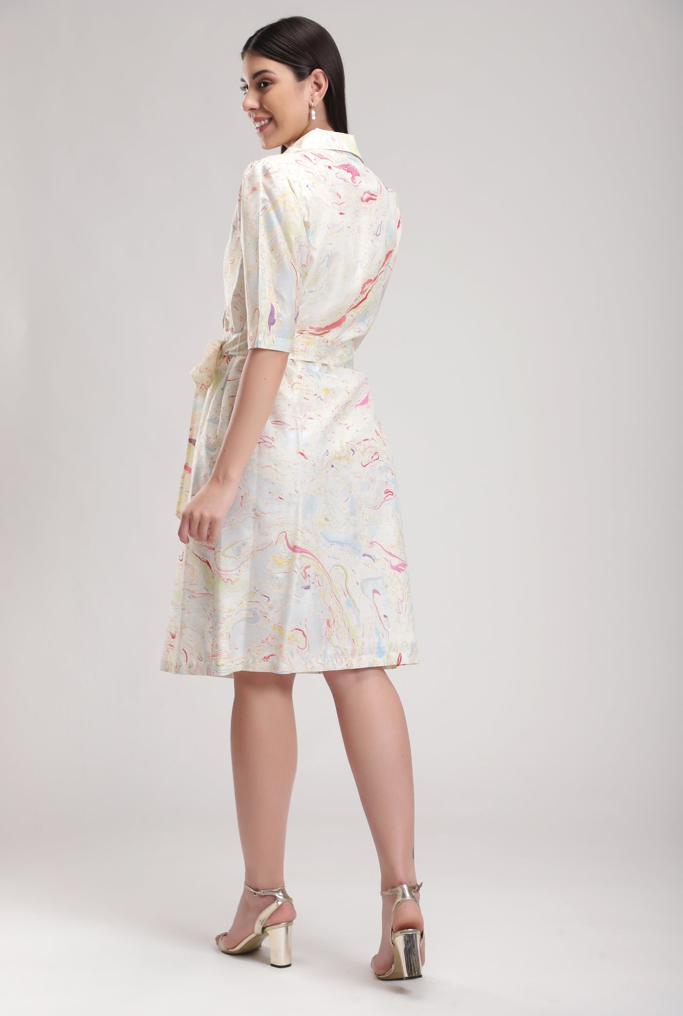 White Puff Sleeve Signature Marble Summer Shirt Dress, Marble print silk, BeTrue, Be True