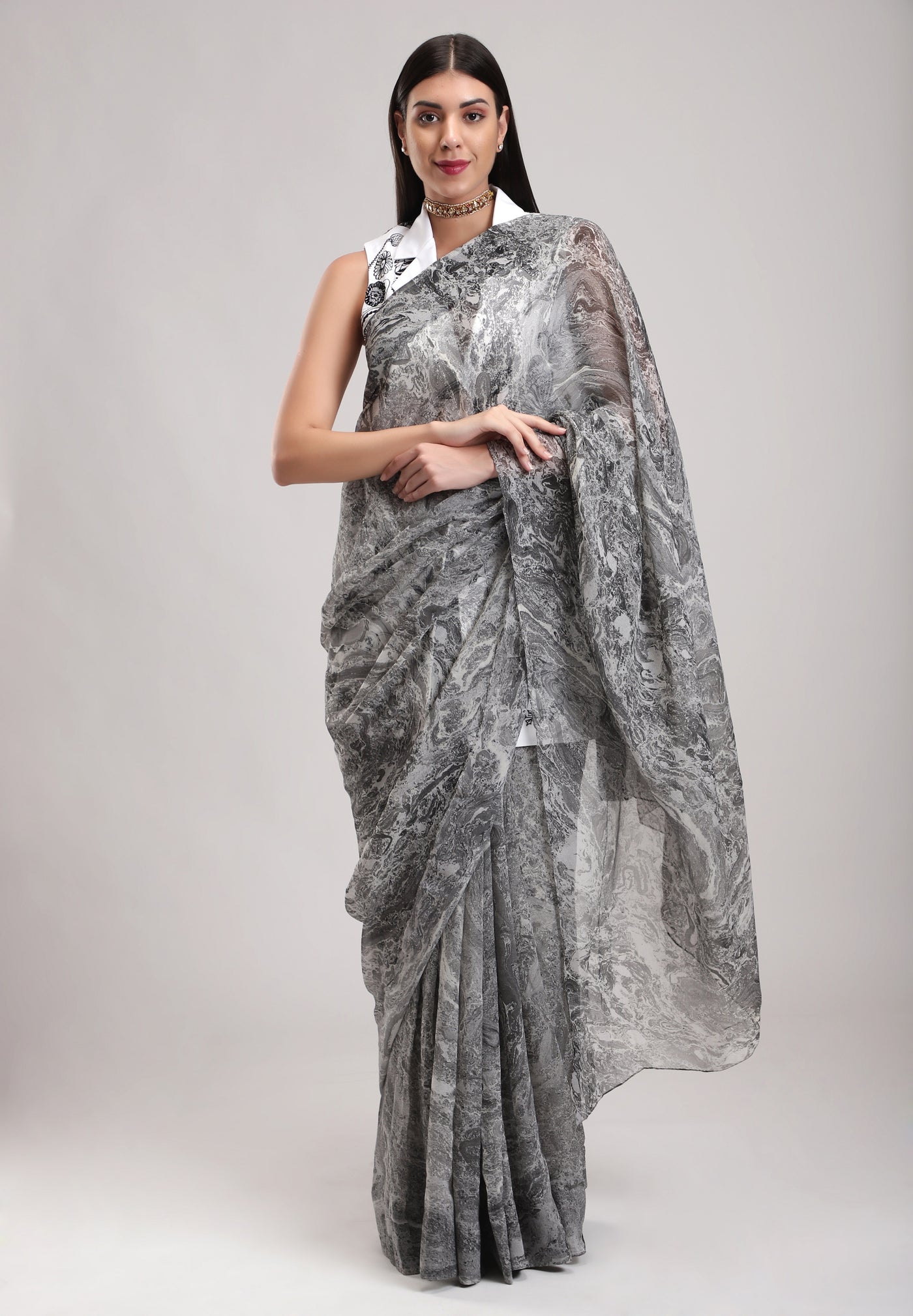 Grey Chiffon Saree, 100 percent silk chiffon, Marble fabric is hand crafted, BeTrue, Be True