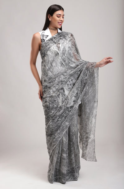 Grey Chiffon Saree, 100 percent silk chiffon, Marble fabric is hand crafted, BeTrue, Be True