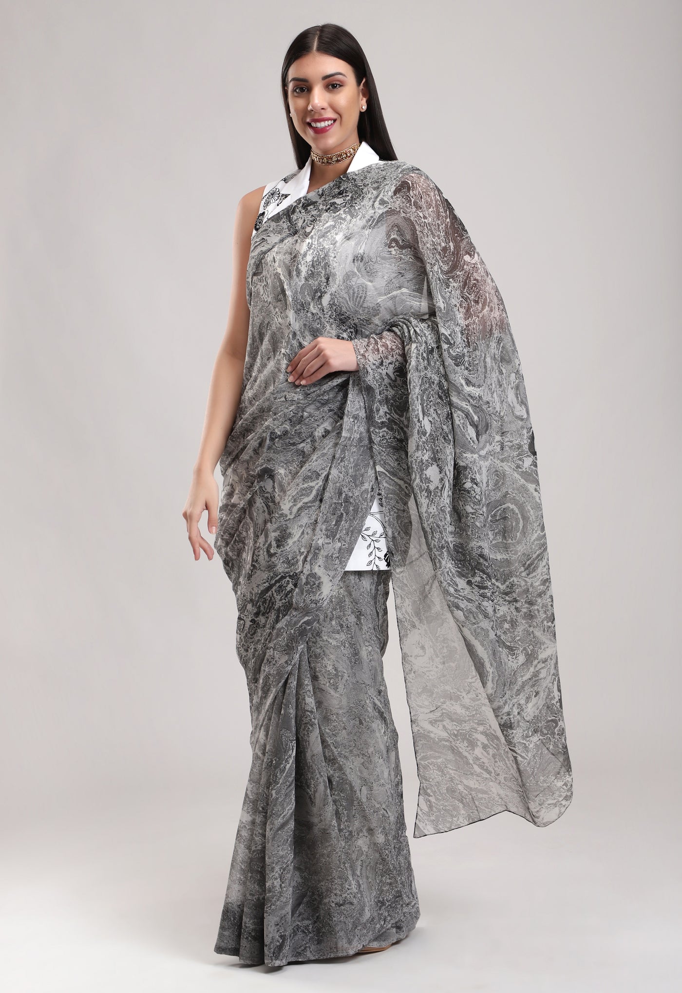 Grey Chiffon Saree, 100 percent silk chiffon, Marble fabric is hand crafted, BeTrue, Be True