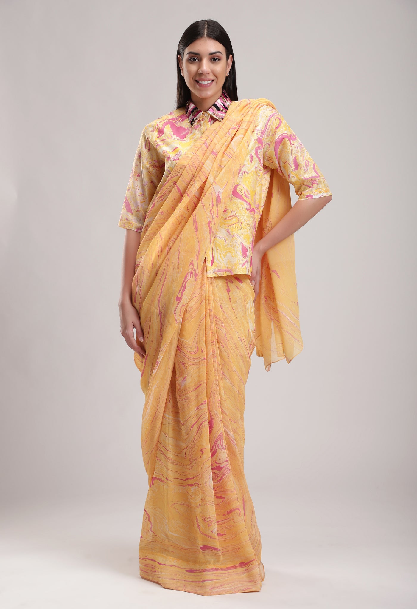 Peach Chiffon Saree, beautiful peach and pink chiffon silk, Marble fabric is hand crafted, BeTrue, Be True