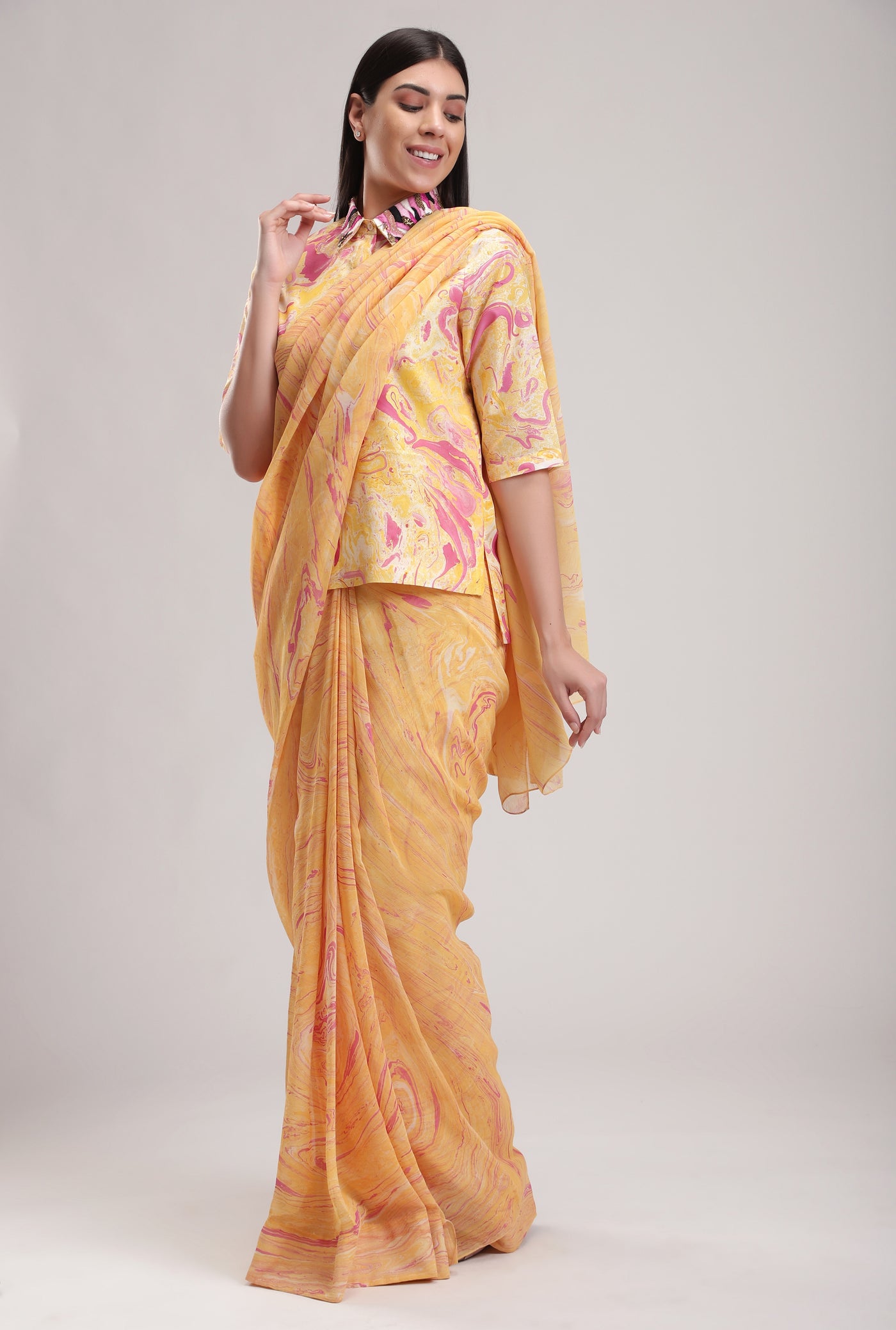 Peach Chiffon Saree, beautiful peach and pink chiffon silk, Marble fabric is hand crafted, BeTrue, Be True