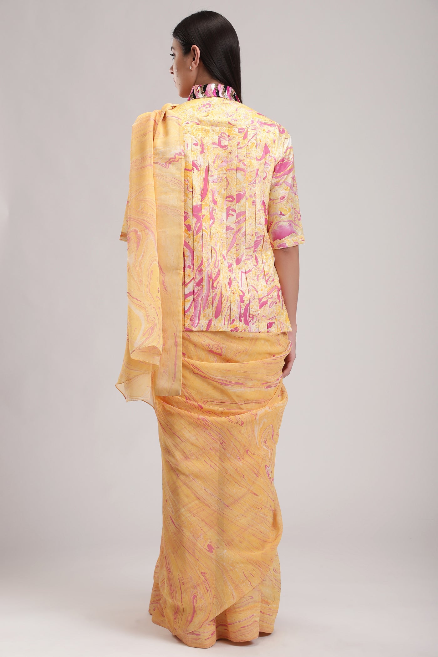 Peach Chiffon Saree, beautiful peach and pink chiffon silk, Marble fabric is hand crafted, BeTrue, Be True