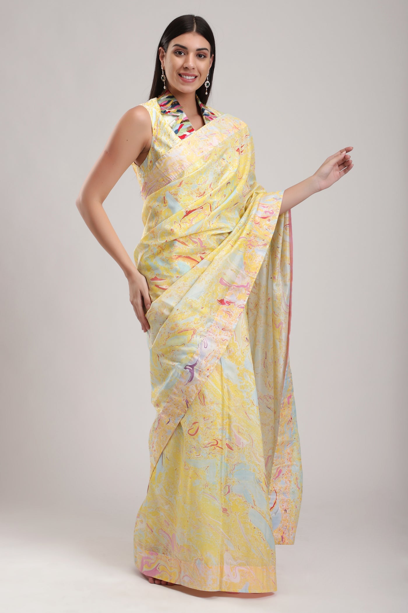 Yellow Silk Marbled Saree, Such pretty colours and patterns with the magic of marble dyeing technique., silk organza dupatta for a festive touch, BeTrue, Be True