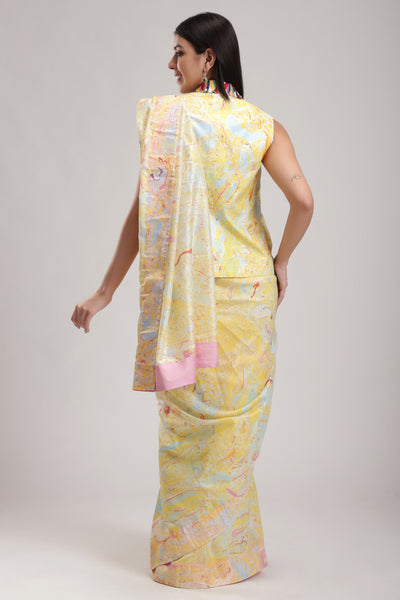 Yellow Silk Marbled Saree, Such pretty colours and patterns with the magic of marble dyeing technique., silk organza dupatta for a festive touch, BeTrue, Be True