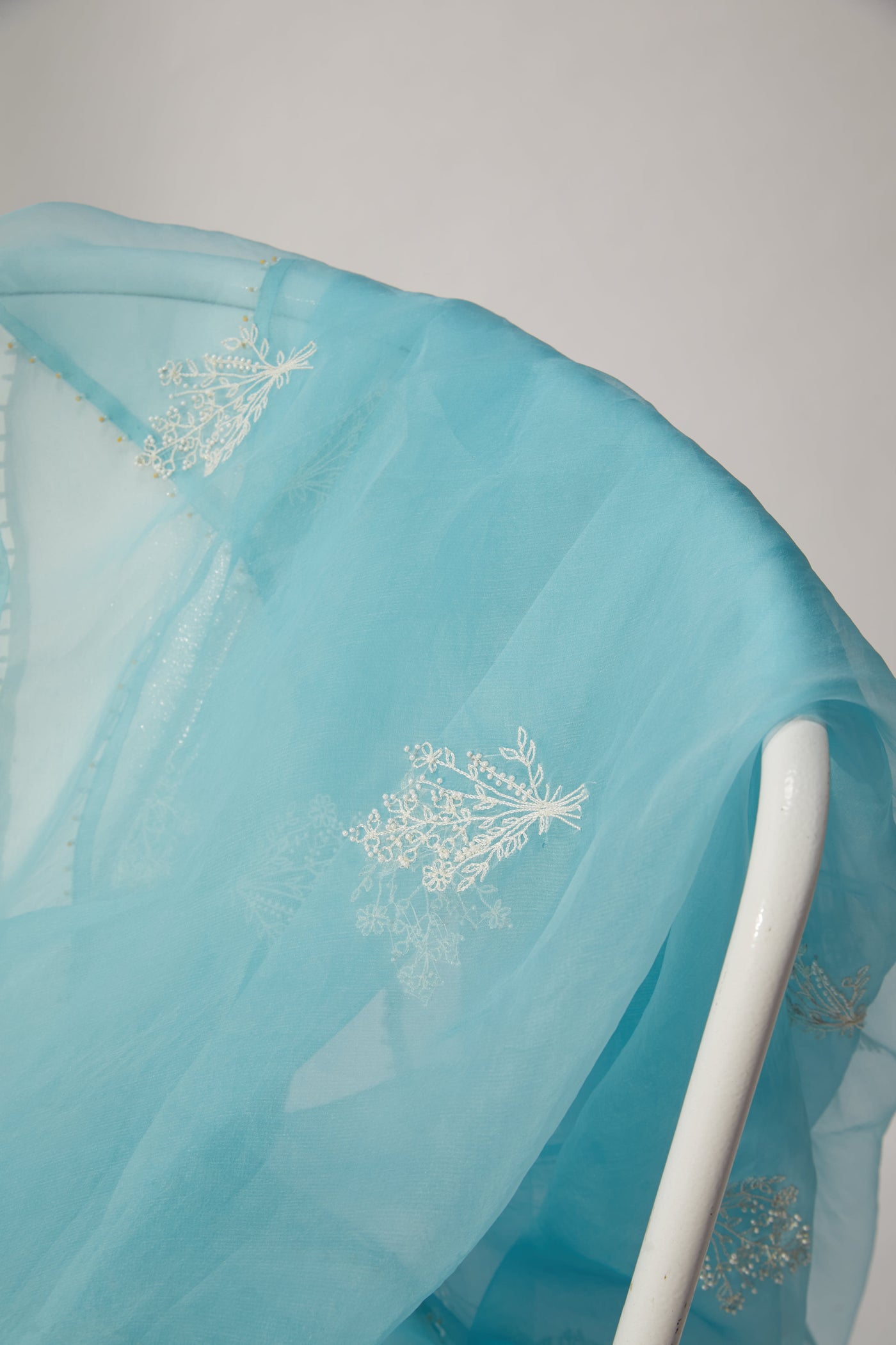 Signature Sky Blue Organza Dupatta, hand embroidery with Resham and beads, small intricate bouquet of flowers boota adorn, delicate contrasting bead embroidery, BeTrue, Be True