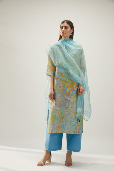 Signature Sky Blue Organza Dupatta, hand embroidery with Resham and beads, small intricate bouquet of flowers boota adorn, delicate contrasting bead embroidery, BeTrue, Be True