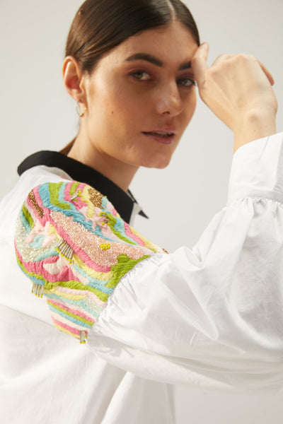 The Matisse Summer Shirt, white cotton shirt is hand embroidered with beautiful colours, BeTrue, Be True