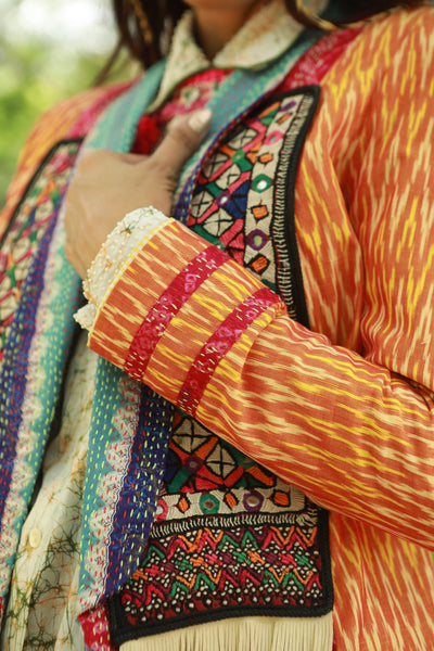 Sarhad, Yellow Ikat and kantha multicolour sunshine jacket with hand printed batik shirt and silk cotton textured pants, BeTrue, Be True