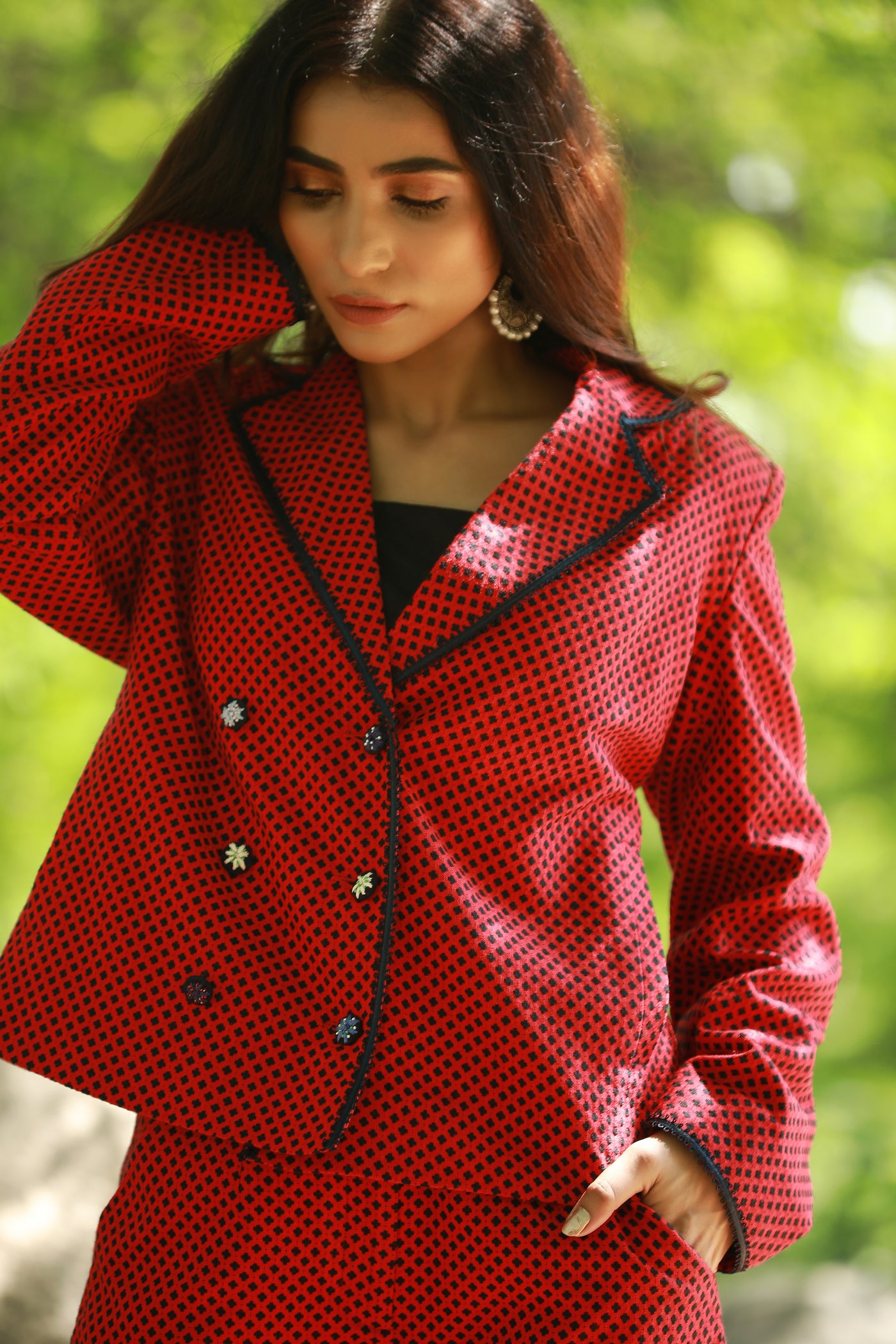 Manzil, Red and navy self woven fabric jacket set with matching shorts, BeTrue, Be True