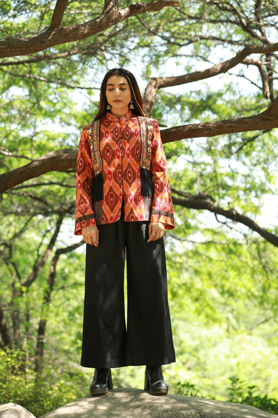 Shakti, Ikat cotton and kantha maroon orange jacket with embroidery and fringe detail matched with black palazzo pants, BeTrue, Be True