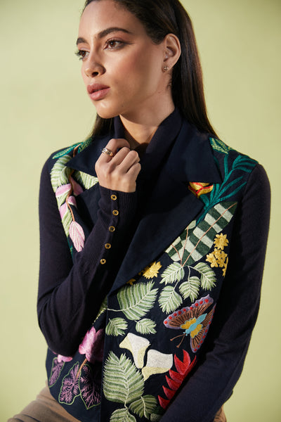 Dark Blue Amazon Waistcoat With Wild Forest Embroidery