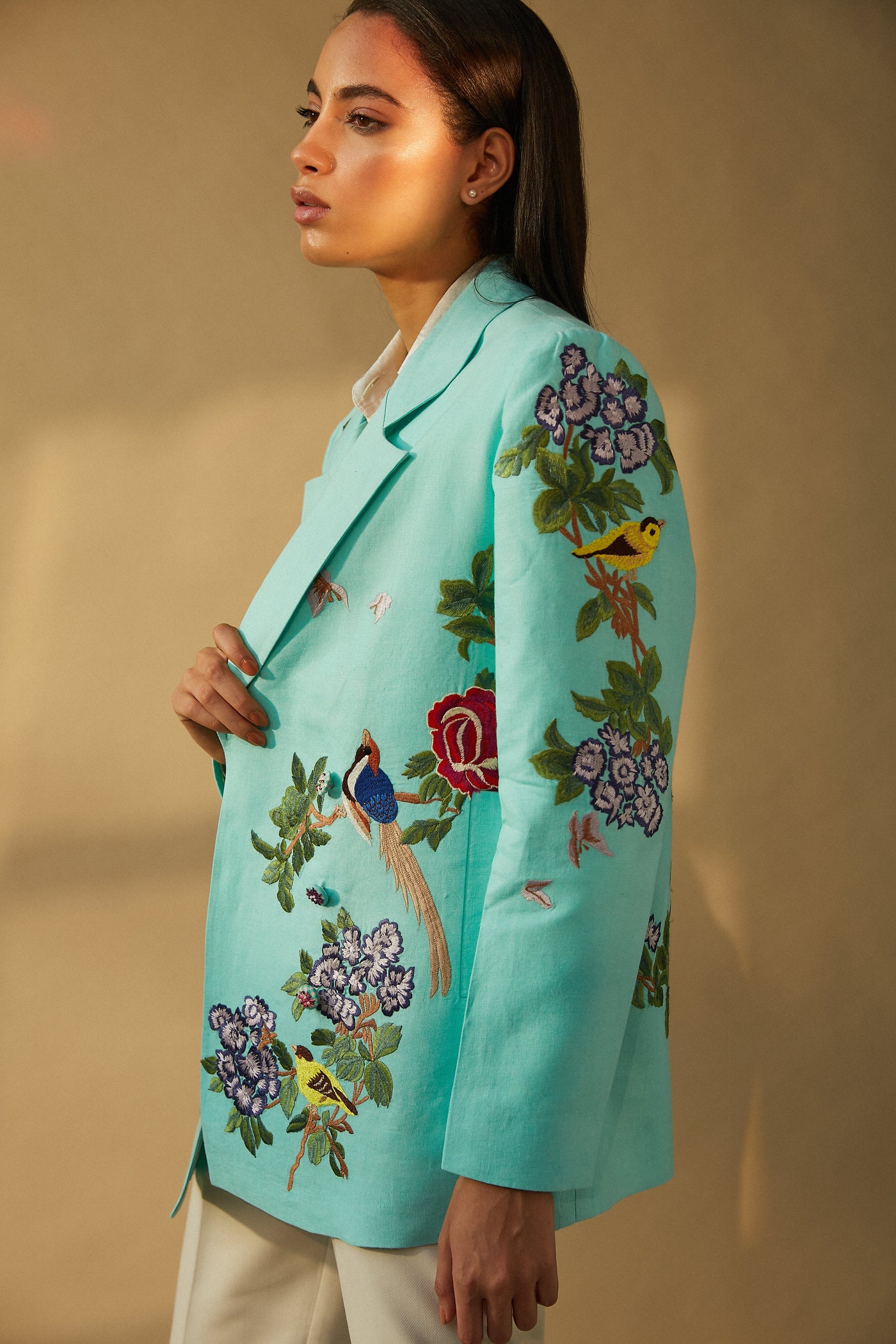 Aqua Box Jacket With Oriental Embroidery