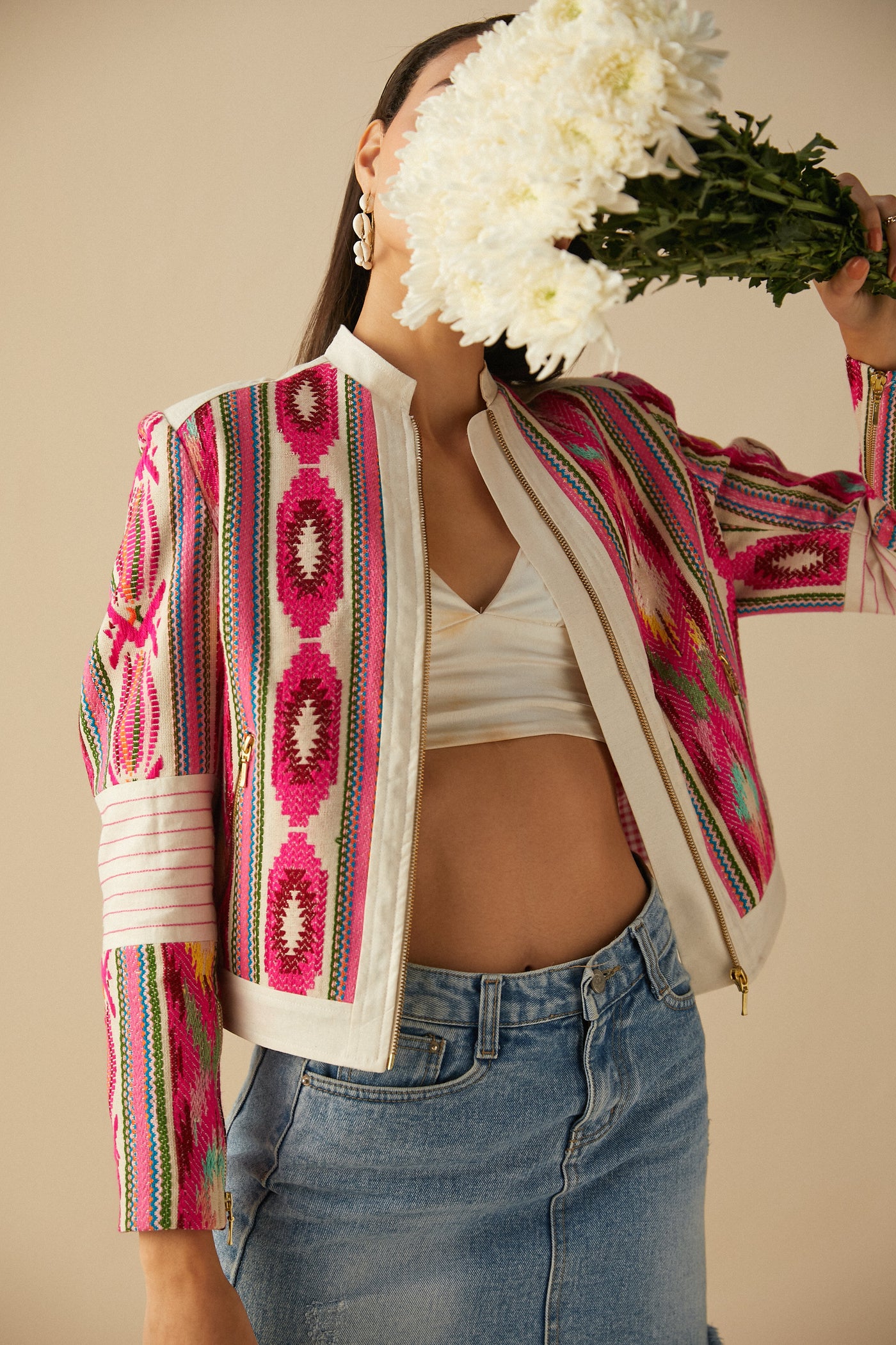 Embroidered Ikat Bomber jacket, cotton acrylic fabric, Cotton Acrylic, Hand Embroidery, BeTrue, Be True