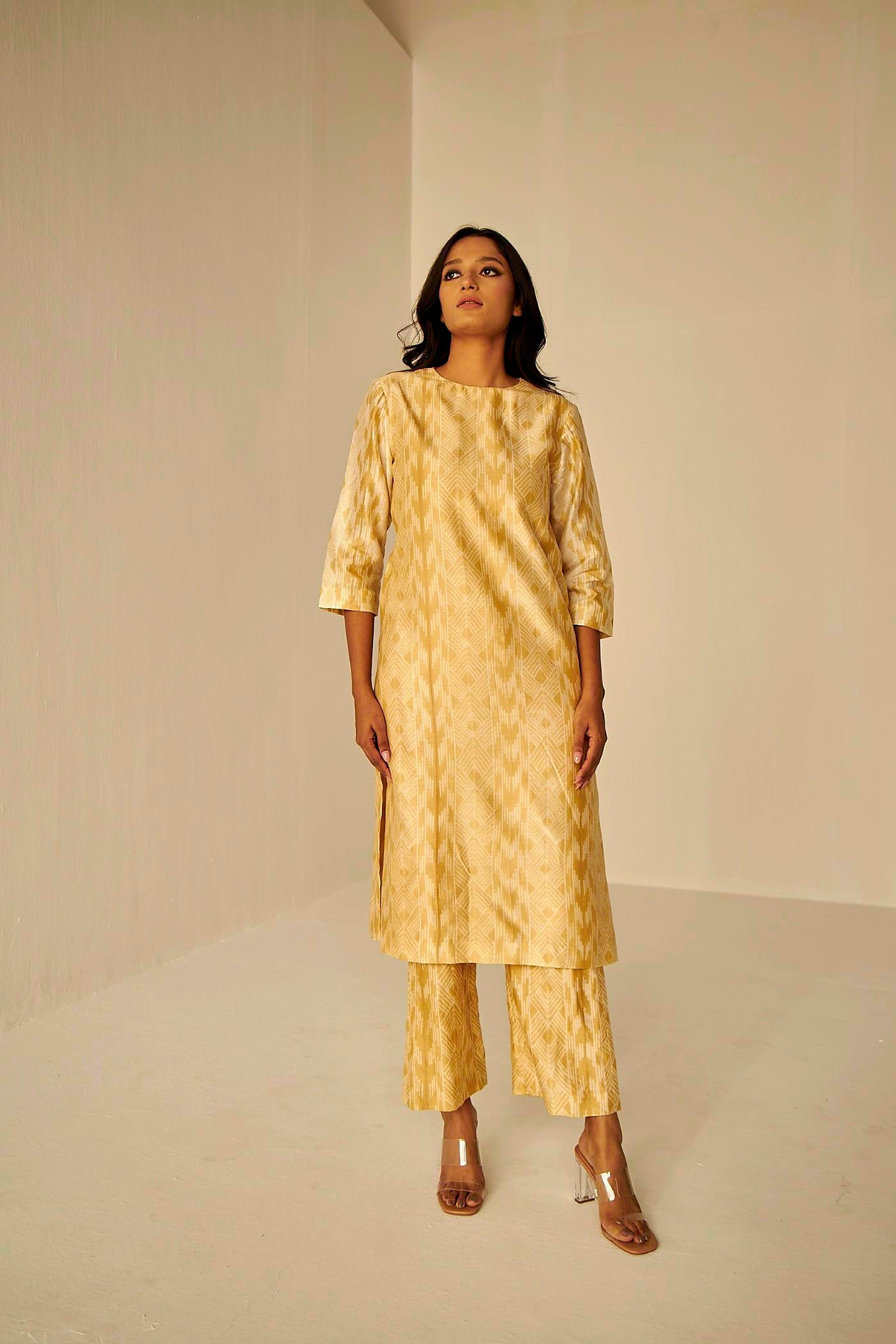 Beige Gold- The Window Trench, Kurta And Pant Set, hand tie and dyed Shibori straight kurta and pant set., BeTrue, Be True