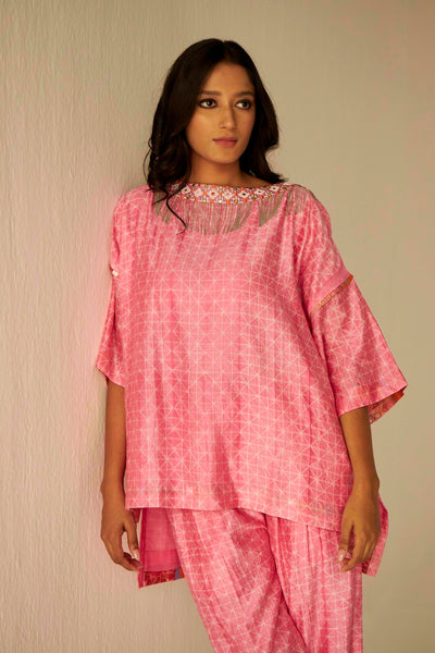 Pink-Samarkand Boat Neck Embroidered Shibori Top And Pants Set, Handmade silk chanderi with Shibori dyeing, neat Resham and mirror embroidery, BeTrue, Be True