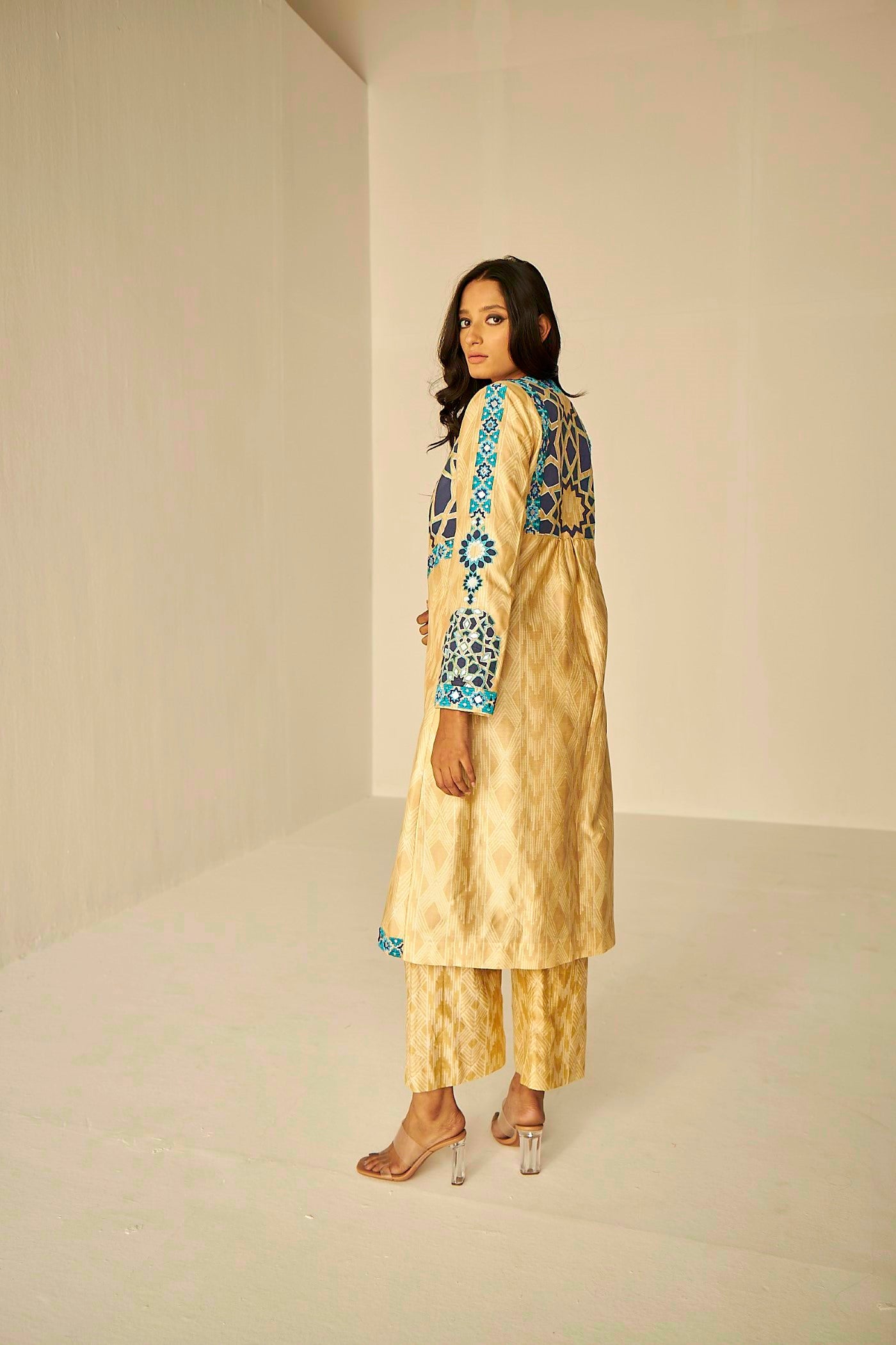 Beige Gold- The Window Trench, Kurta And Pant Set, hand tie and dyed Shibori straight kurta and pant set., BeTrue, Be True