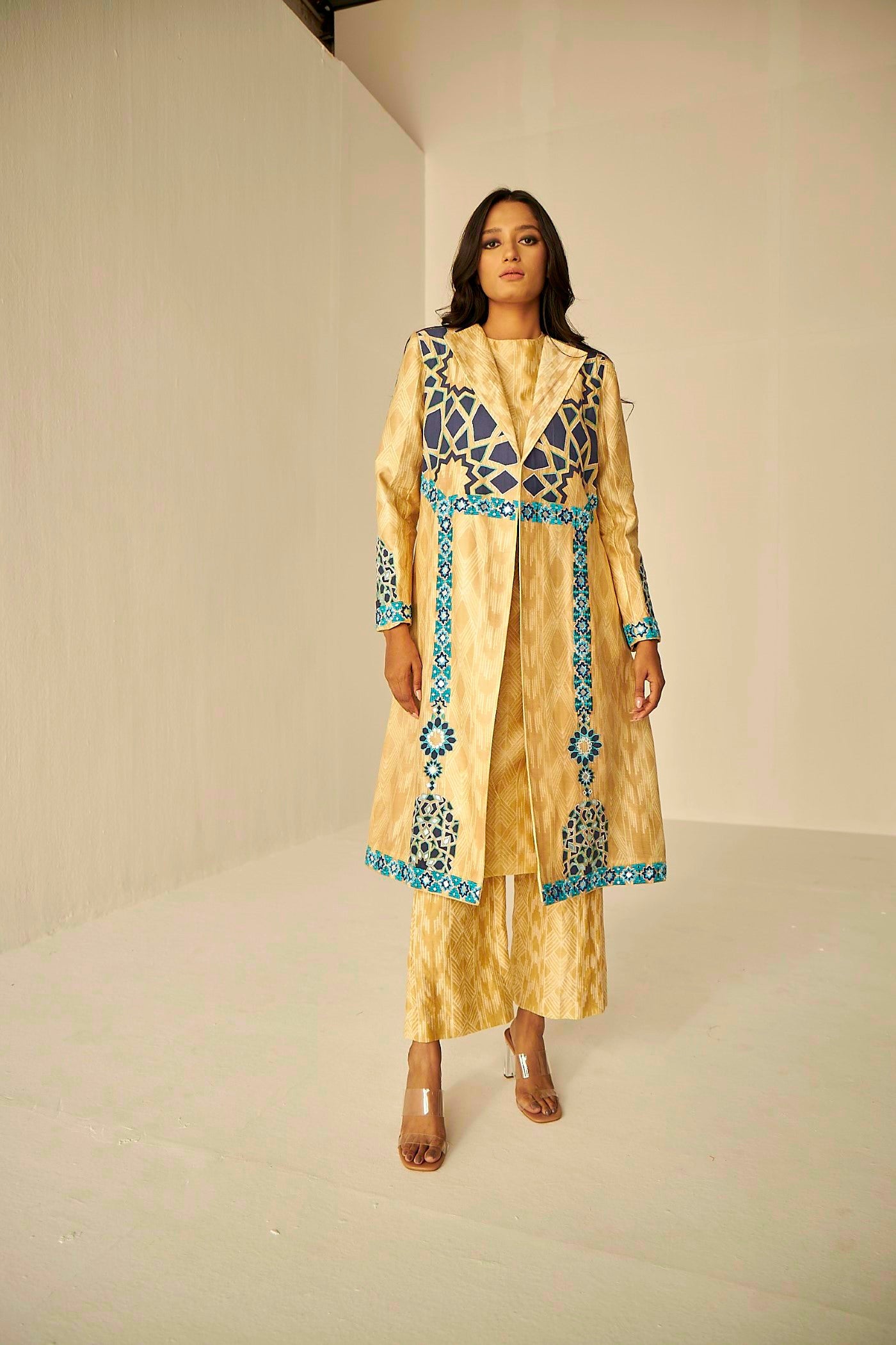 Beige Gold- The Window Trench, Kurta And Pant Set, hand tie and dyed Shibori straight kurta and pant set., BeTrue, Be True